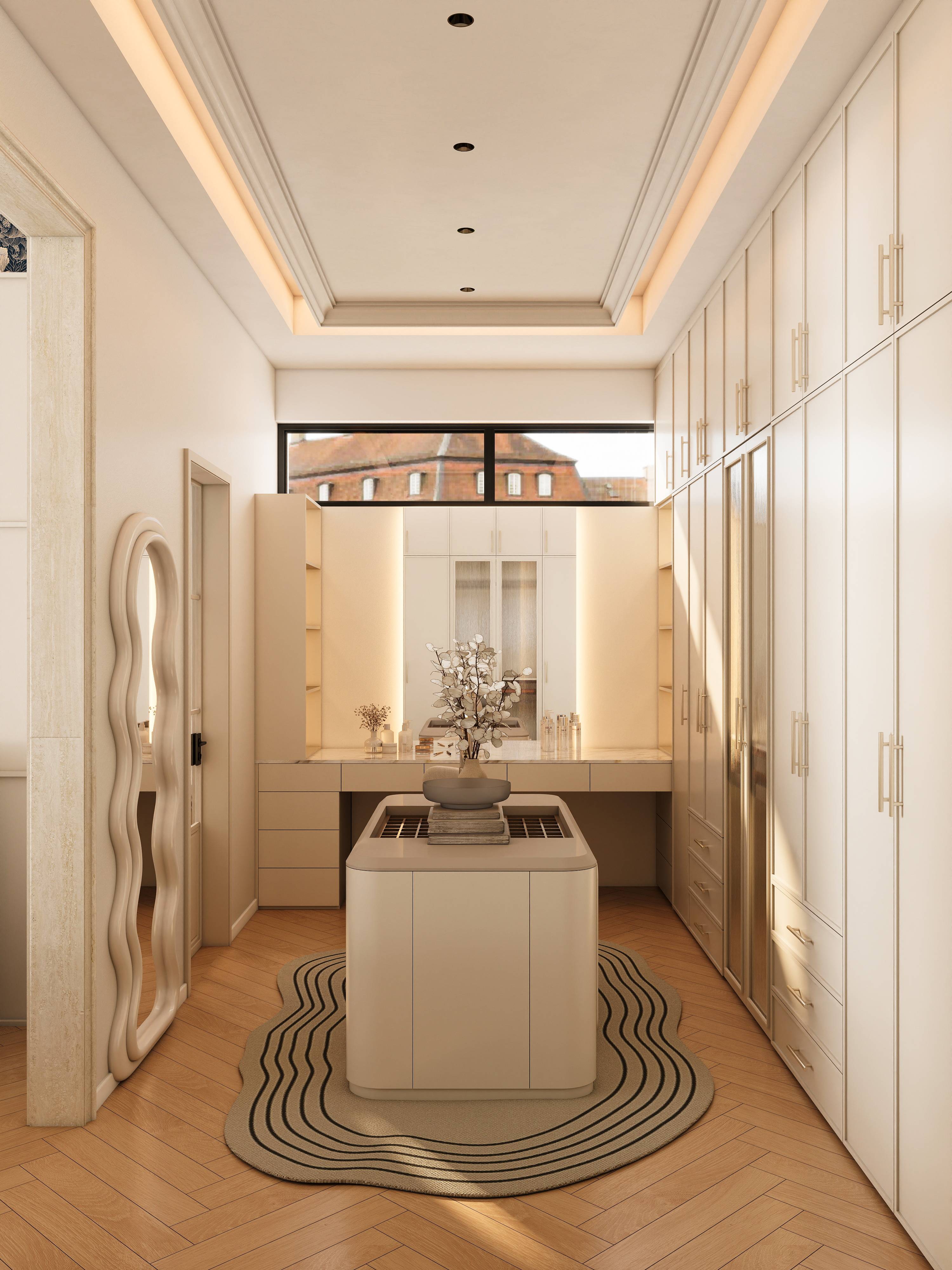 Engineered Wood and Textiles in a Refined Master Bedroom Interior