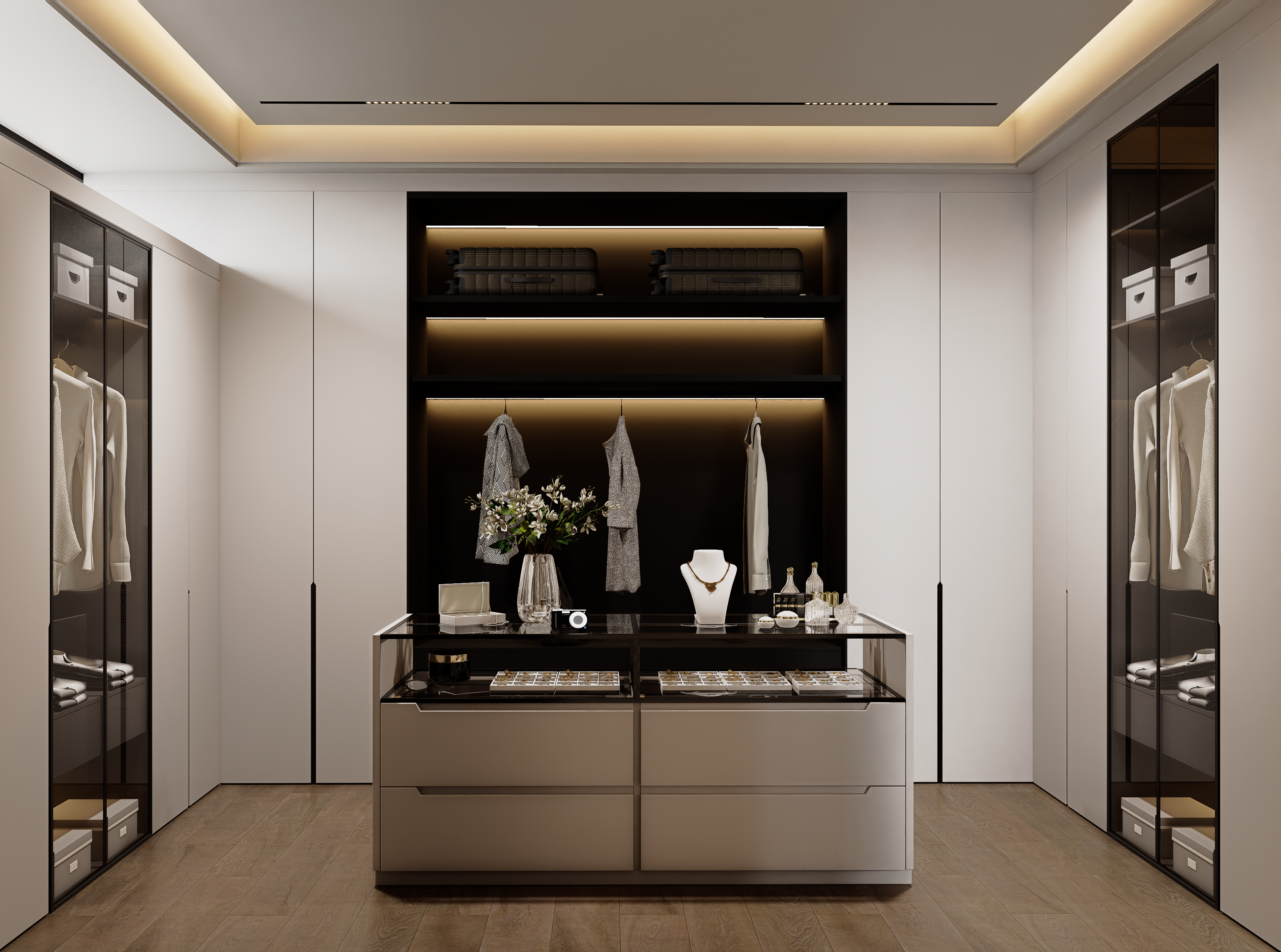 Master Bedroom Interior with Engineered Wood and Stone System