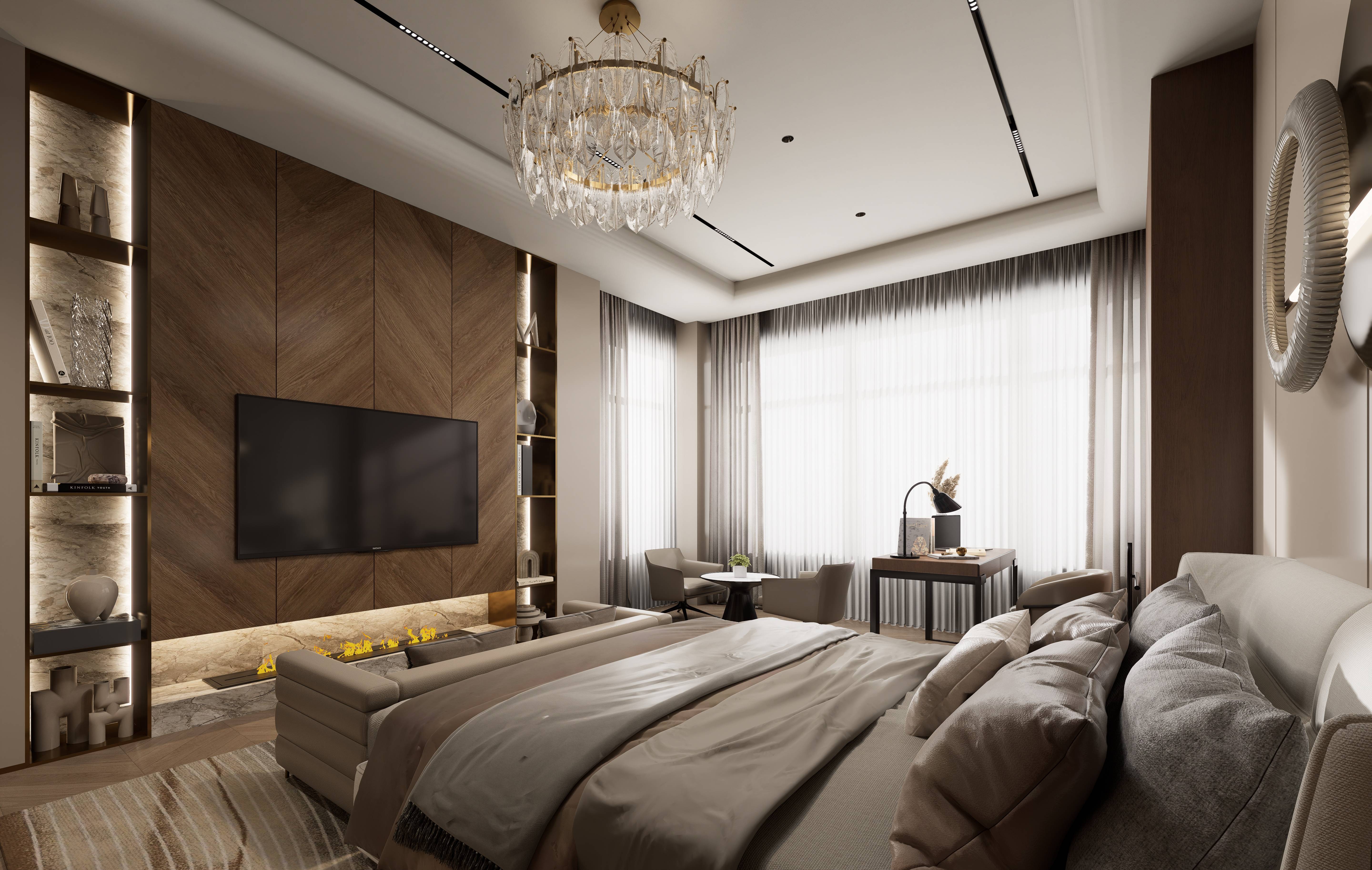 Master Bedroom Interior with Engineered Wood and Stone Systems