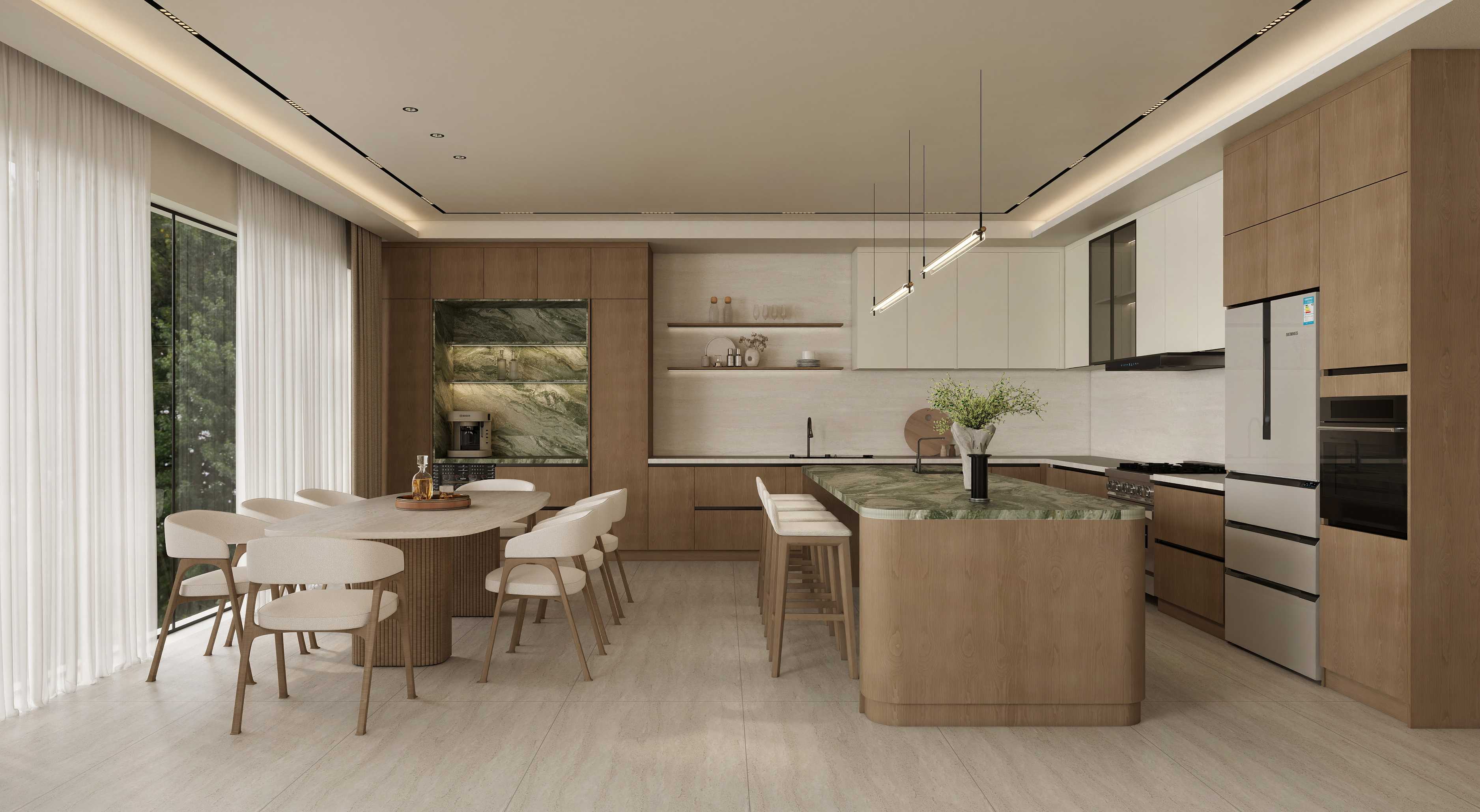 Open-Plan Kitchen, Dining & Living Interior with Engineered Wood and Stone System